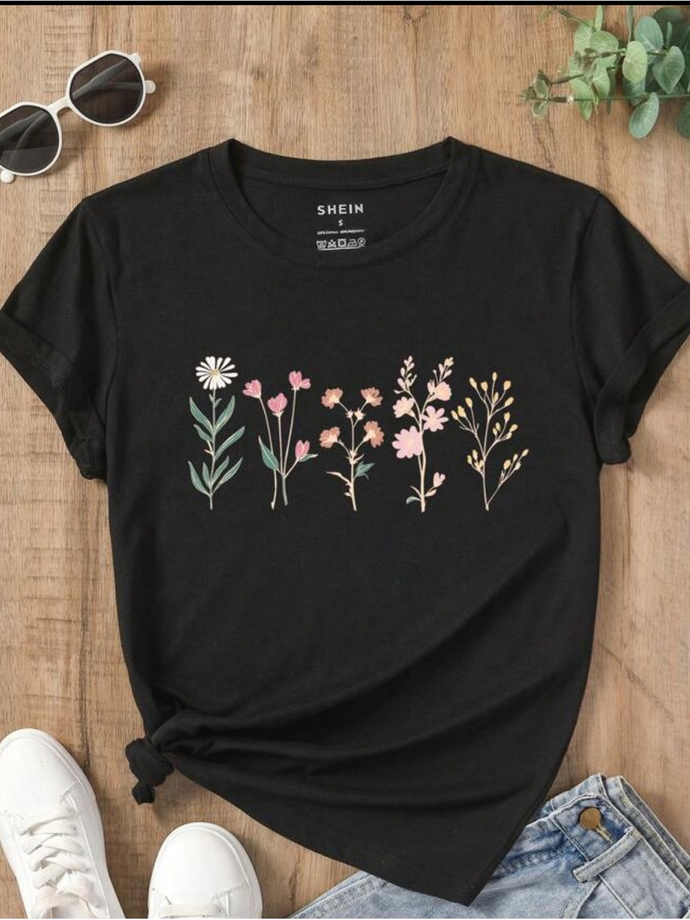 SHEIN Black Short Sleeve Tee with Pastel Floral Row